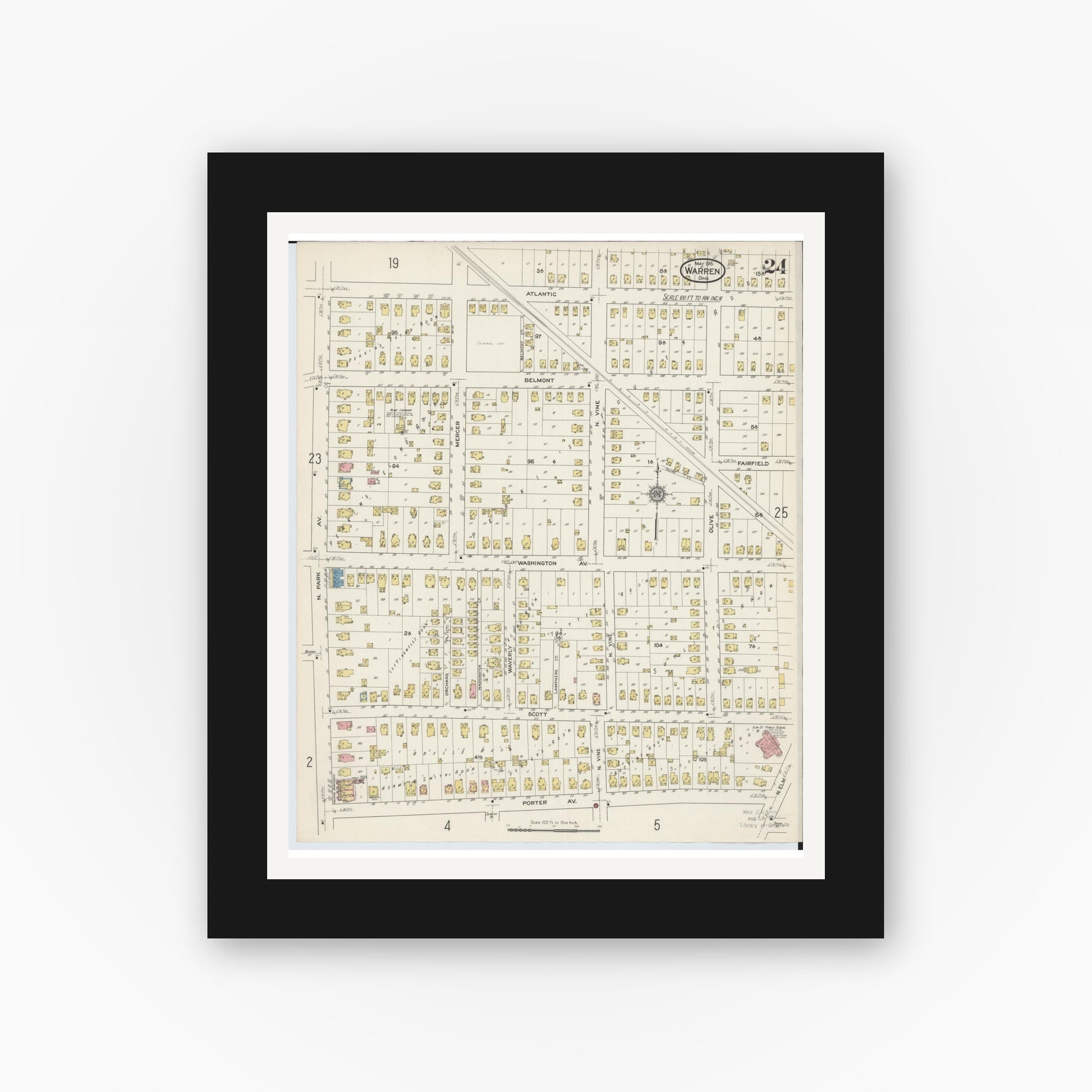 Old map wall art mockup — black gallery frame with white mat — Sanborn Fire Insurance Map from Warren, Trumbull County, Ohio (1915), Sheet #0024