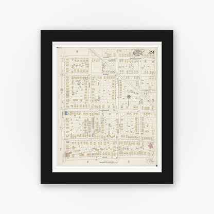 Old map wall art mockup — black gallery frame with white mat — Sanborn Fire Insurance Map from Warren, Trumbull County, Ohio (1915), Sheet #0024