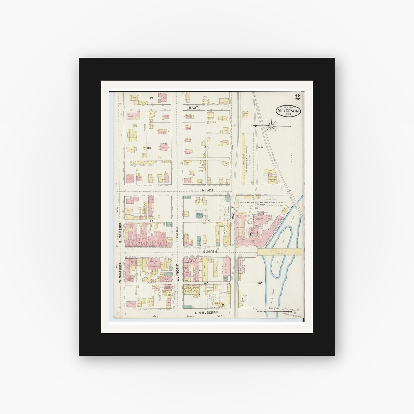 Old map wall art mockup — black gallery frame with white mat — Sanborn Fire Insurance Map from Mount Vernon, Knox County, Ohio (1887), Sheet #0002