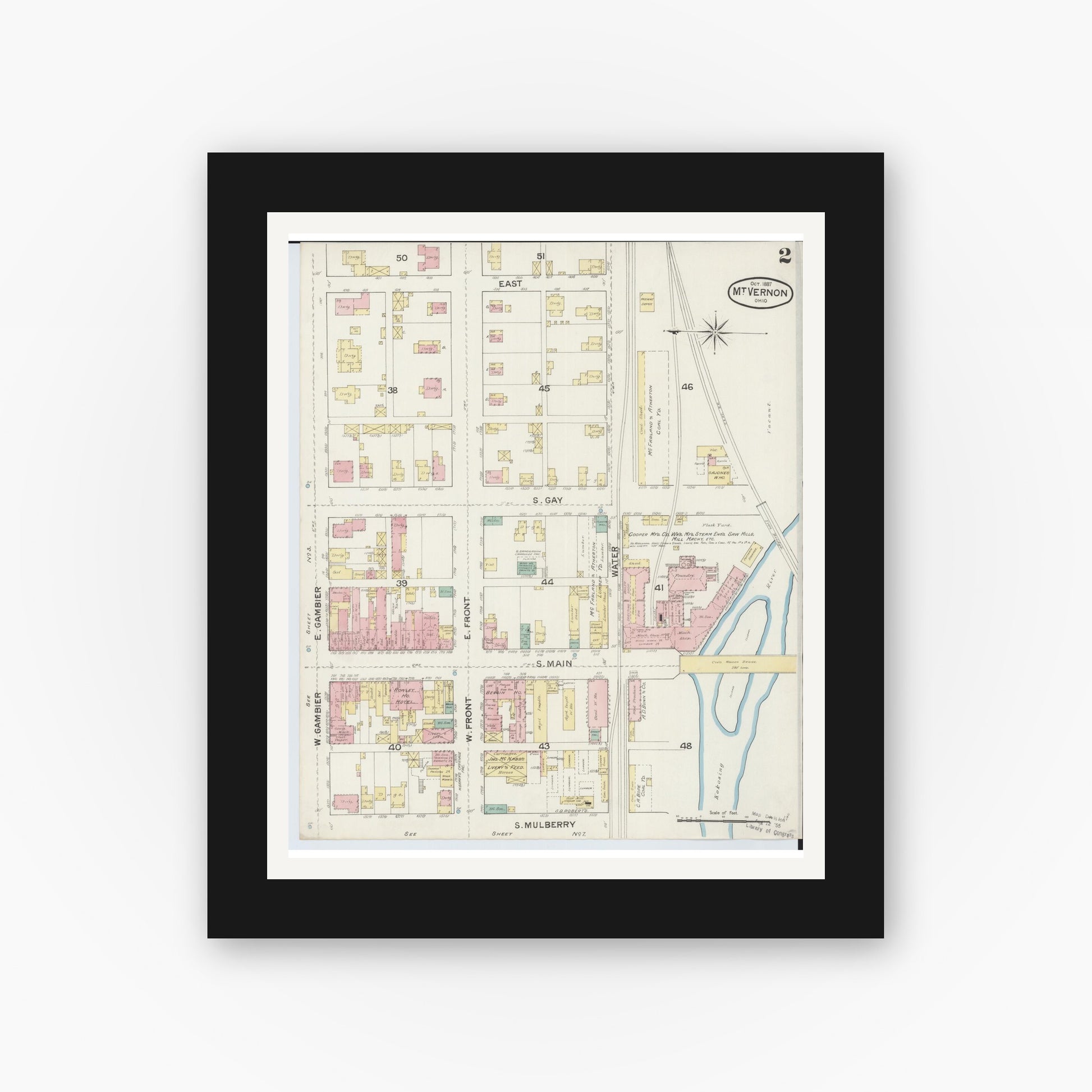 Old map wall art mockup — black gallery frame with white mat — Sanborn Fire Insurance Map from Mount Vernon, Knox County, Ohio (1887), Sheet #0002