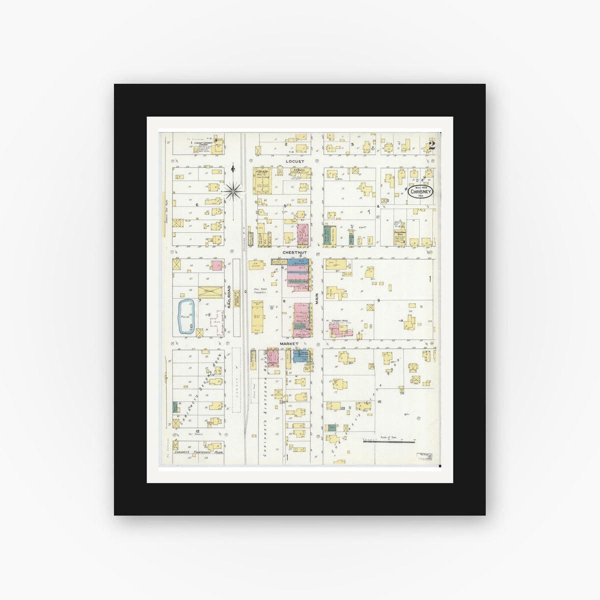 Old map wall art mockup — black gallery frame with white mat — Sanborn Fire Insurance Map from Chrisney, Spencer County, Indiana (1909), Sheet #0002