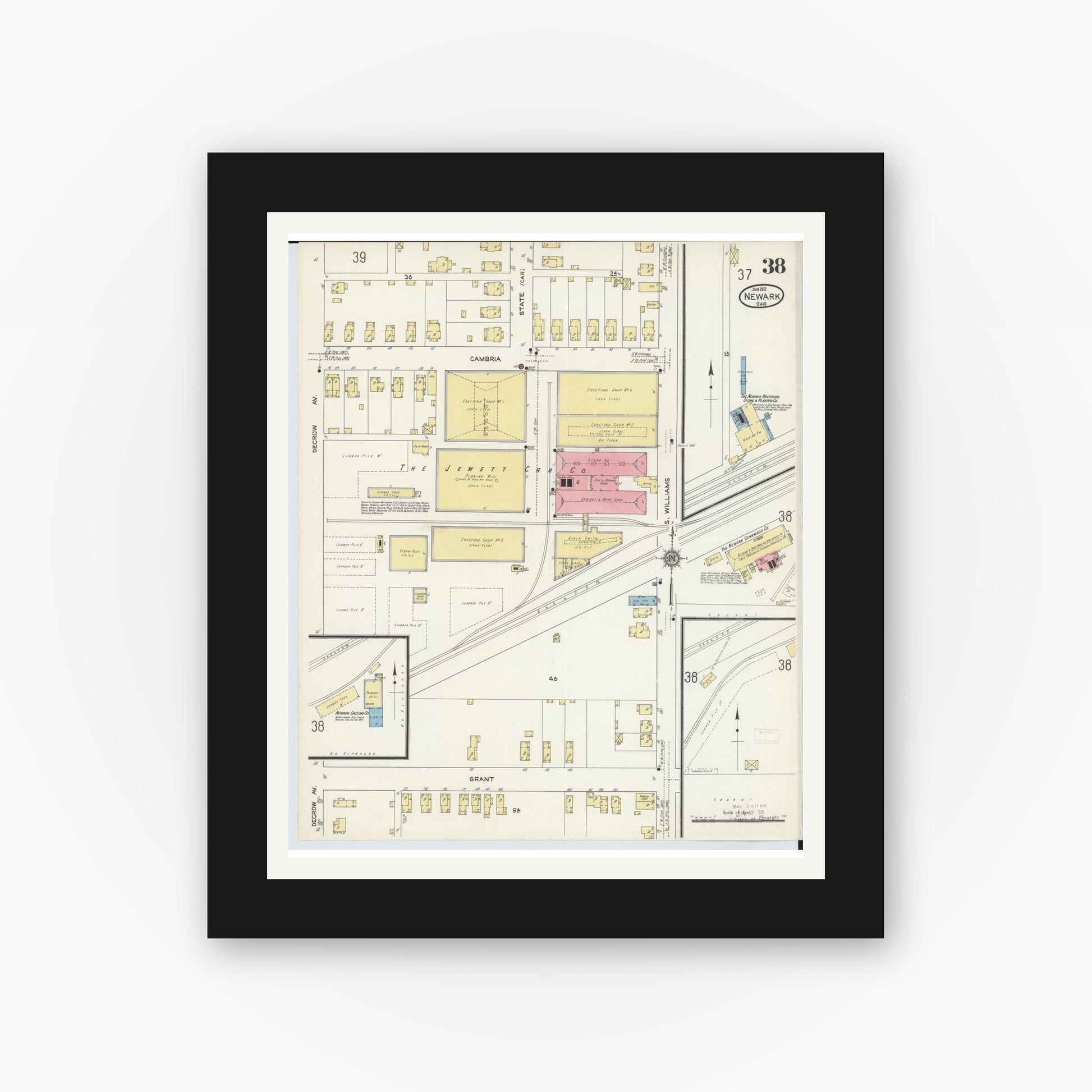 Old map wall art mockup — black gallery frame with white mat — Sanborn Fire Insurance Map from Newark, Licking County, Ohio (1912), Sheet #0038