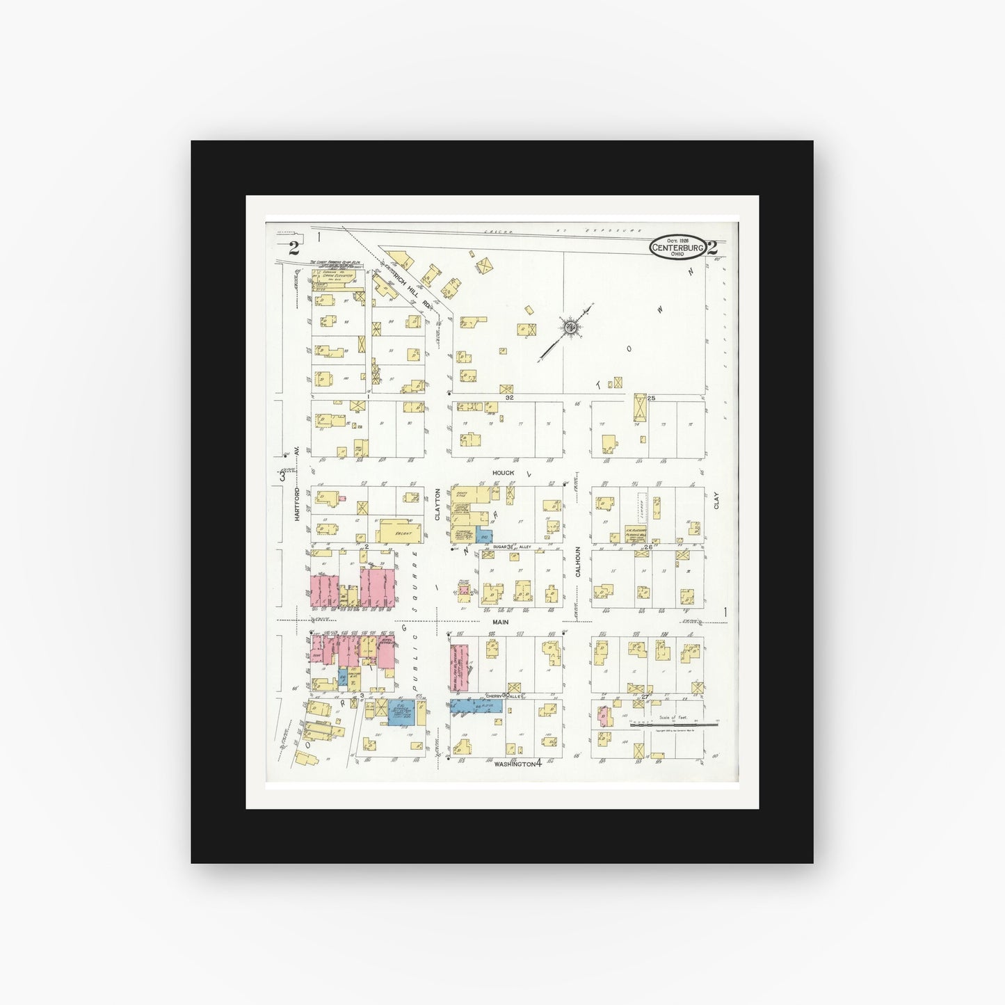 Old map wall art mockup — black gallery frame with white mat — Sanborn Fire Insurance Map from Centerburg, Knox County, Ohio (1926), Sheet #0002