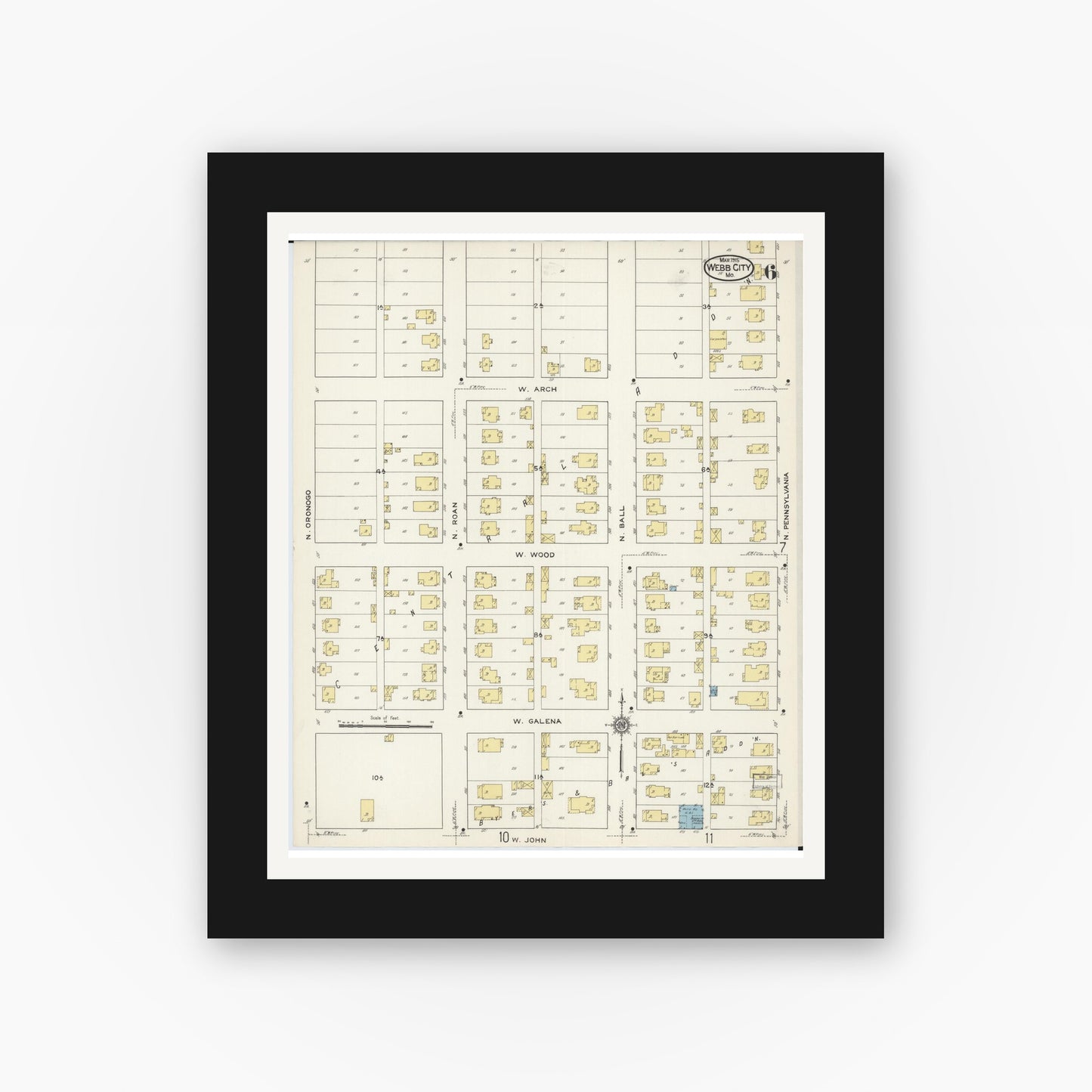 Old map wall art mockup — black gallery frame with white mat — Sanborn Fire Insurance Map from Webb City, Jasper County, Missouri (1915), Sheet #0006