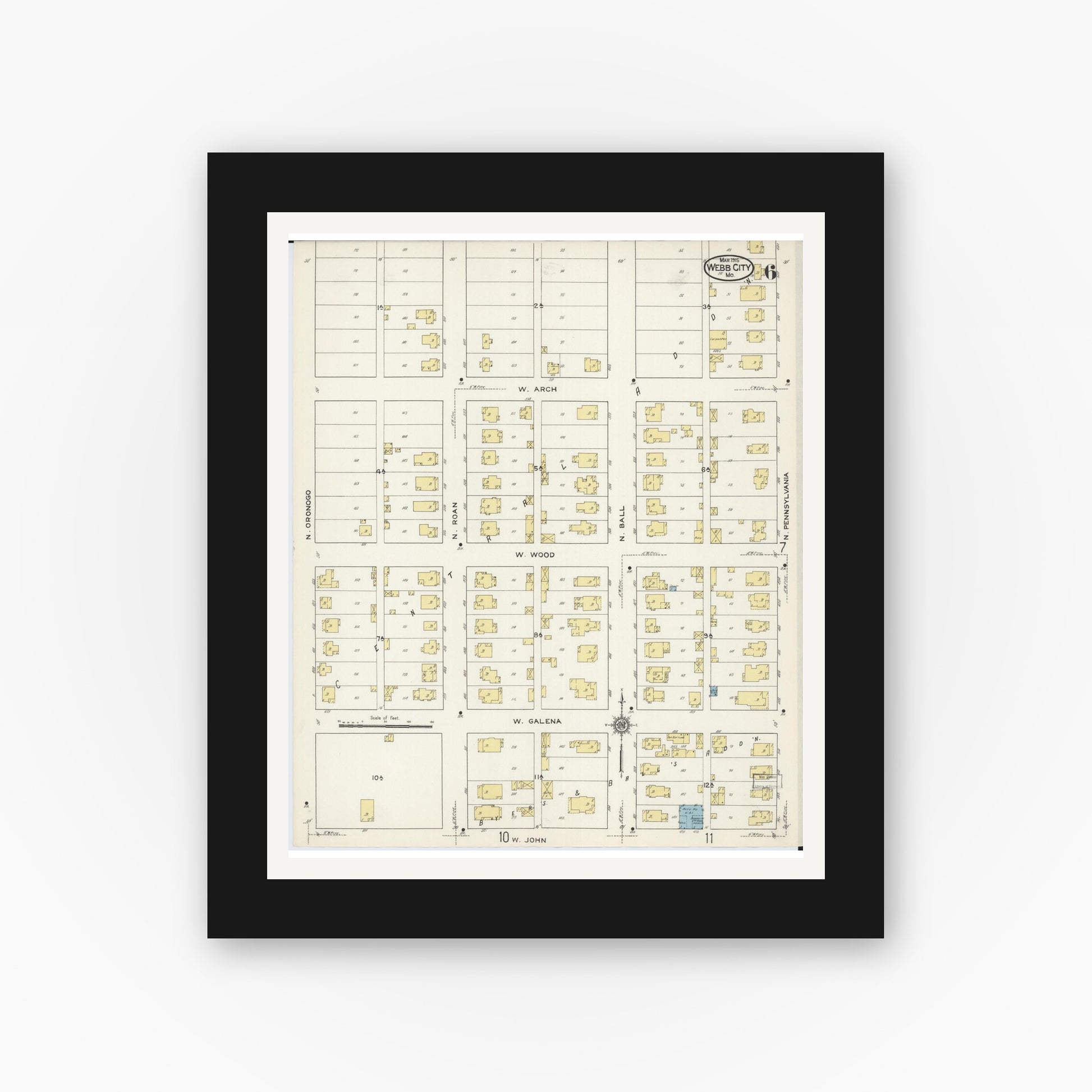 Old map wall art mockup — black gallery frame with white mat — Sanborn Fire Insurance Map from Webb City, Jasper County, Missouri (1915), Sheet #0006