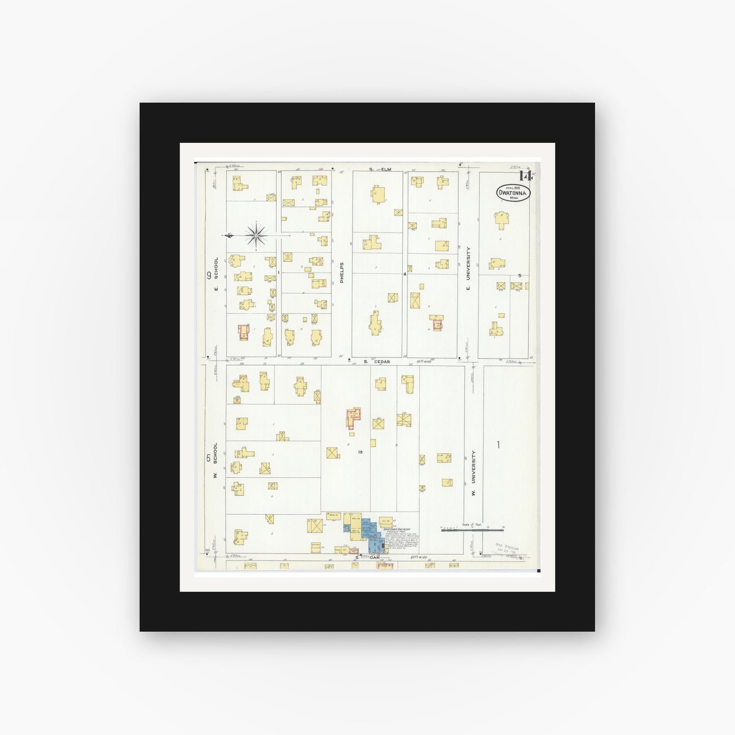 Old map wall art mockup — black gallery frame with white mat — Sanborn Fire Insurance Map from Owatonna, Steele County, Minnesota (1909), Sheet #0014
