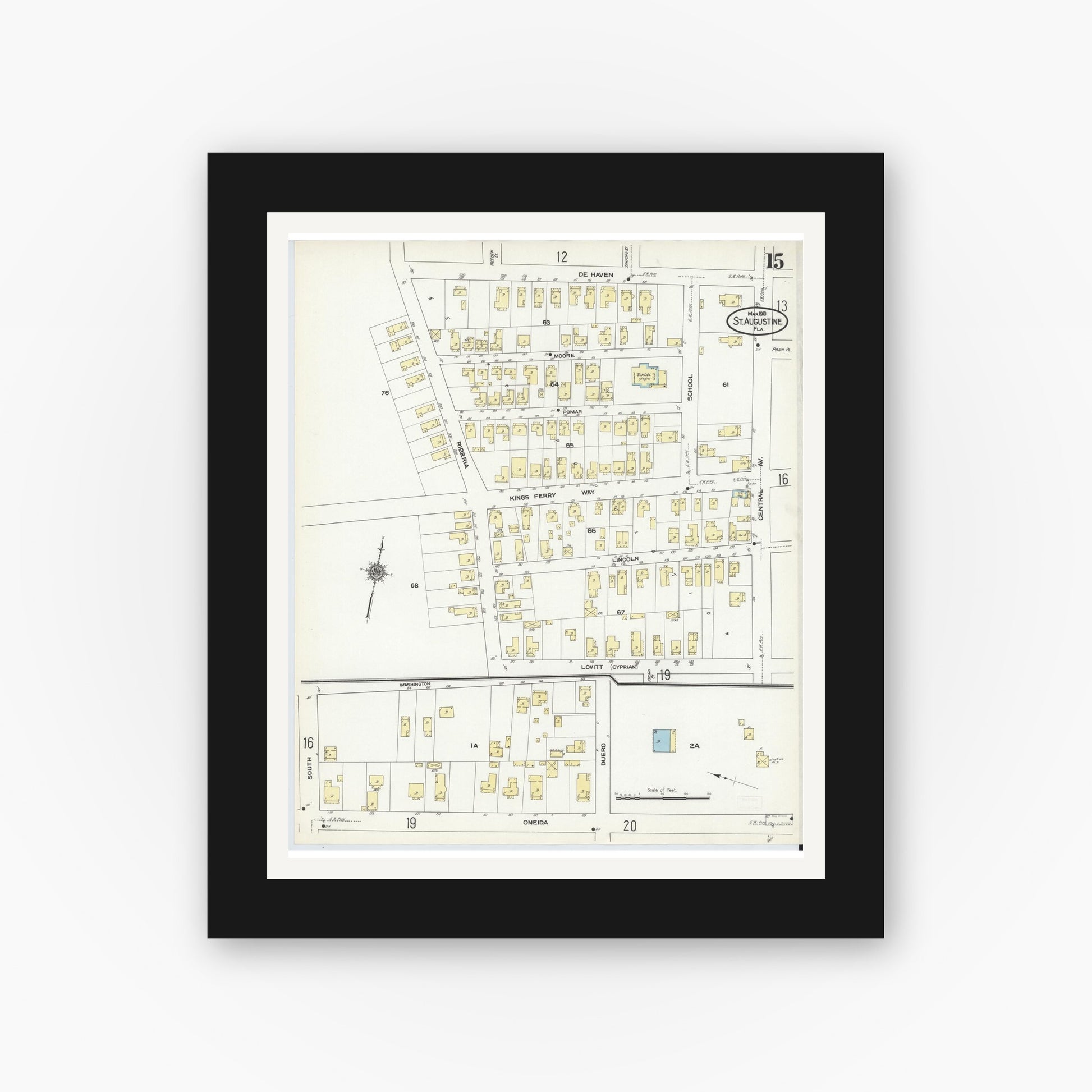 Old map wall art mockup — black gallery frame with white mat — Sanborn Fire Insurance Map from Saint Augustine, Saint John's County, Florida (1910), Sheet #0015