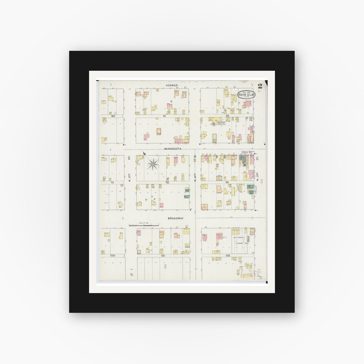 Old map wall art mockup — black gallery frame with white mat — Sanborn Fire Insurance Map from New Ulm, Brown County, Minnesota (1894), Sheet #0002