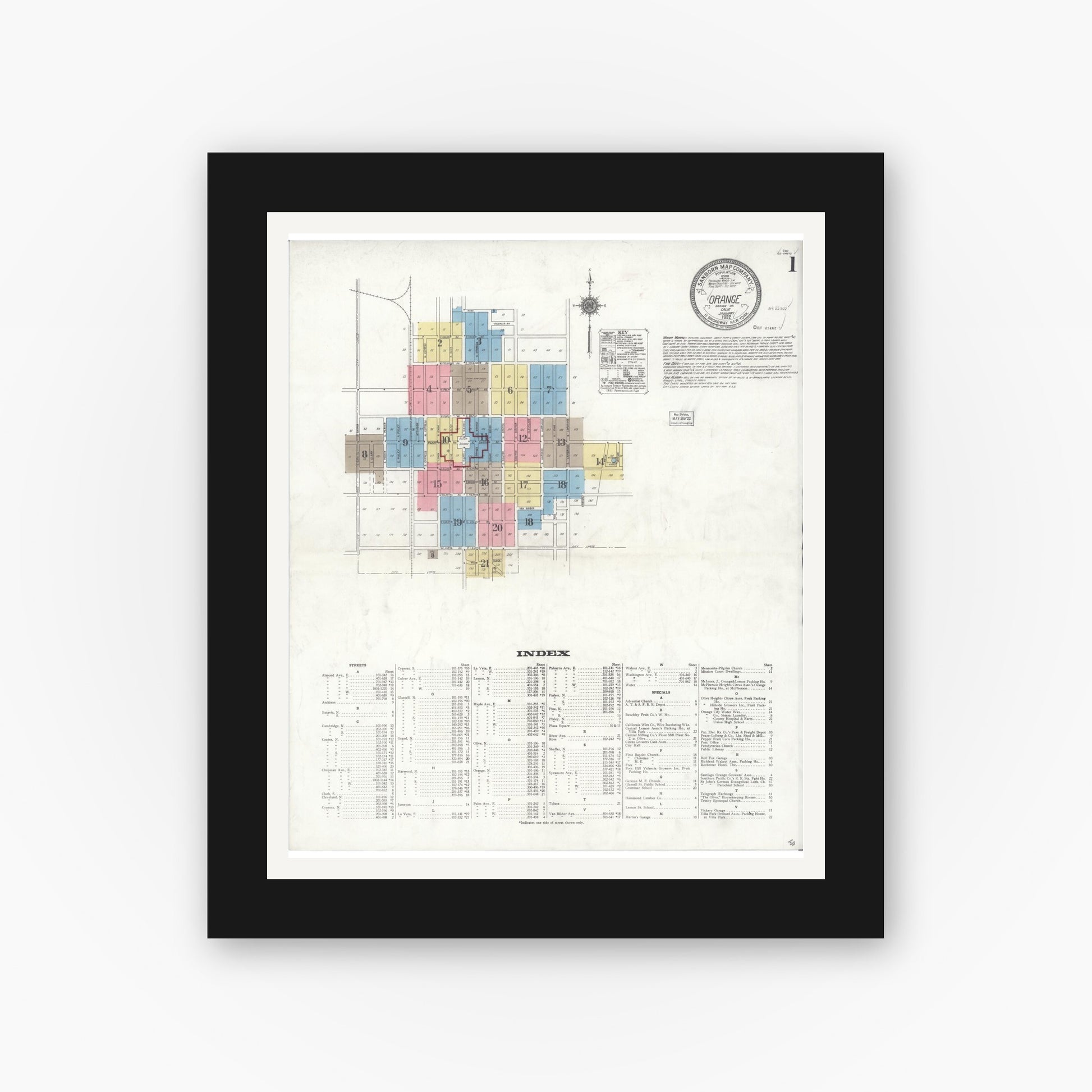 Old map wall art mockup — black gallery frame with white mat — Sanborn Fire Insurance Map from Orange, Orange County, California (1922) - Complete Map Set