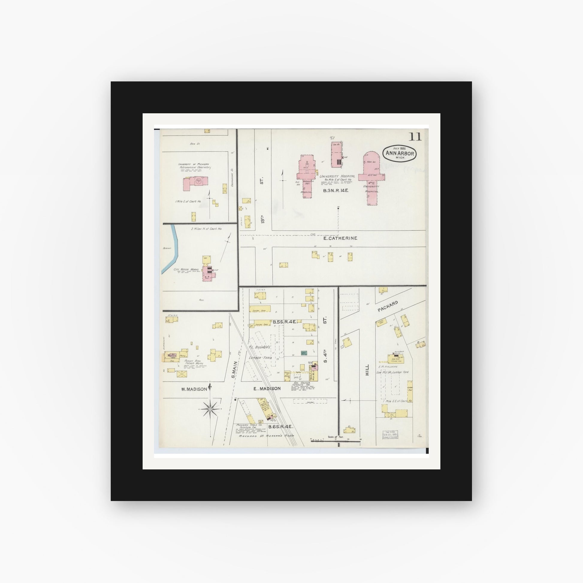 Old map wall art mockup — black gallery frame with white mat — Sanborn Fire Insurance Map from Ann Arbor, Washtenaw County, Michigan (1892), Sheet #0011