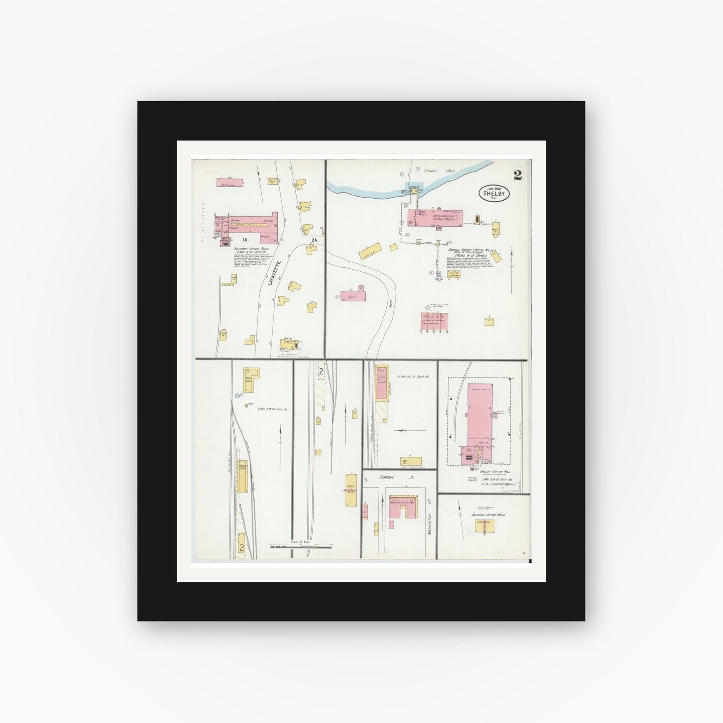 Old map wall art mockup — black gallery frame with white mat — Sanborn Fire Insurance Map from Shelby, Cleveland County, North Carolina (1900), Sheet #0002