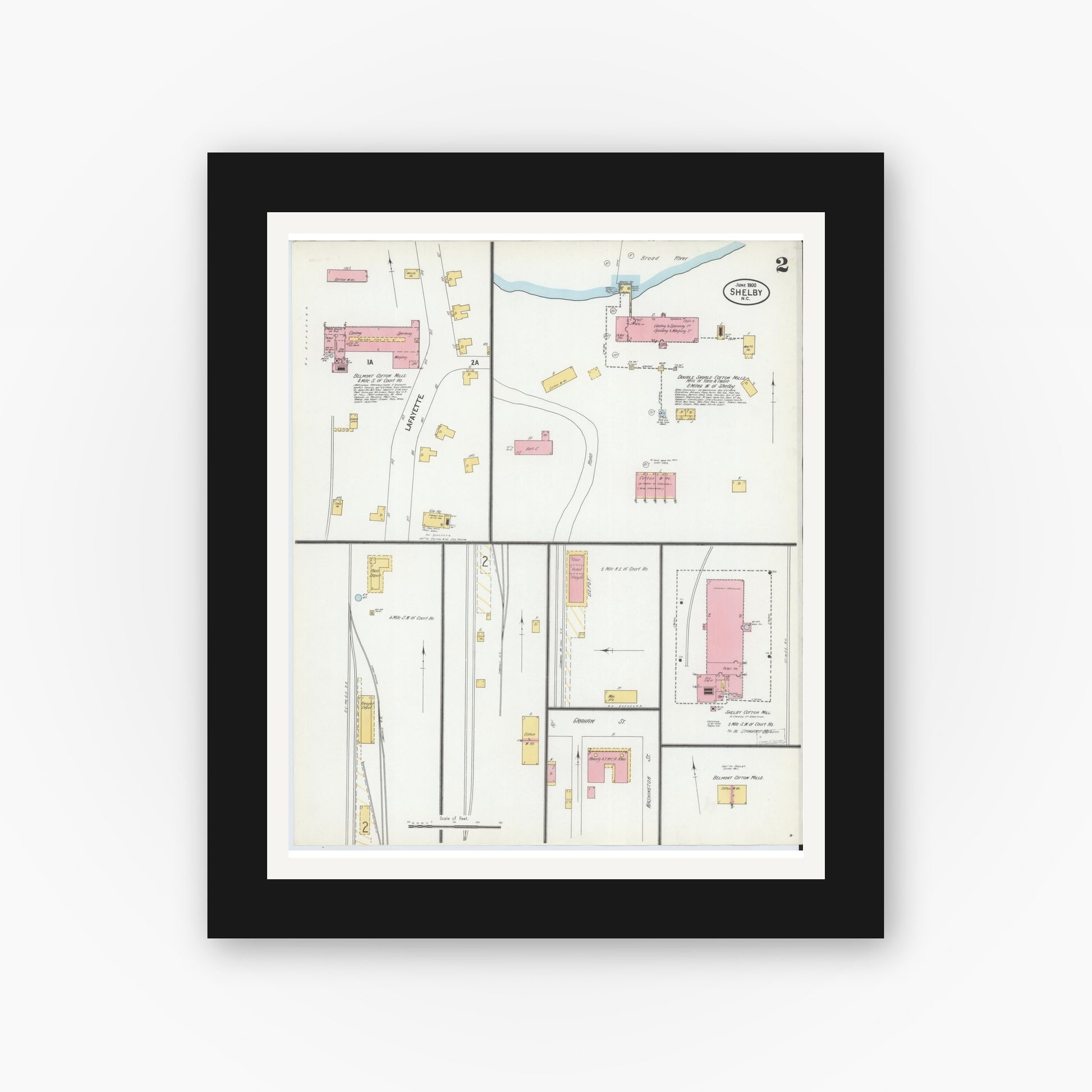 Old map wall art mockup — black gallery frame with white mat — Sanborn Fire Insurance Map from Shelby, Cleveland County, North Carolina (1900), Sheet #0002