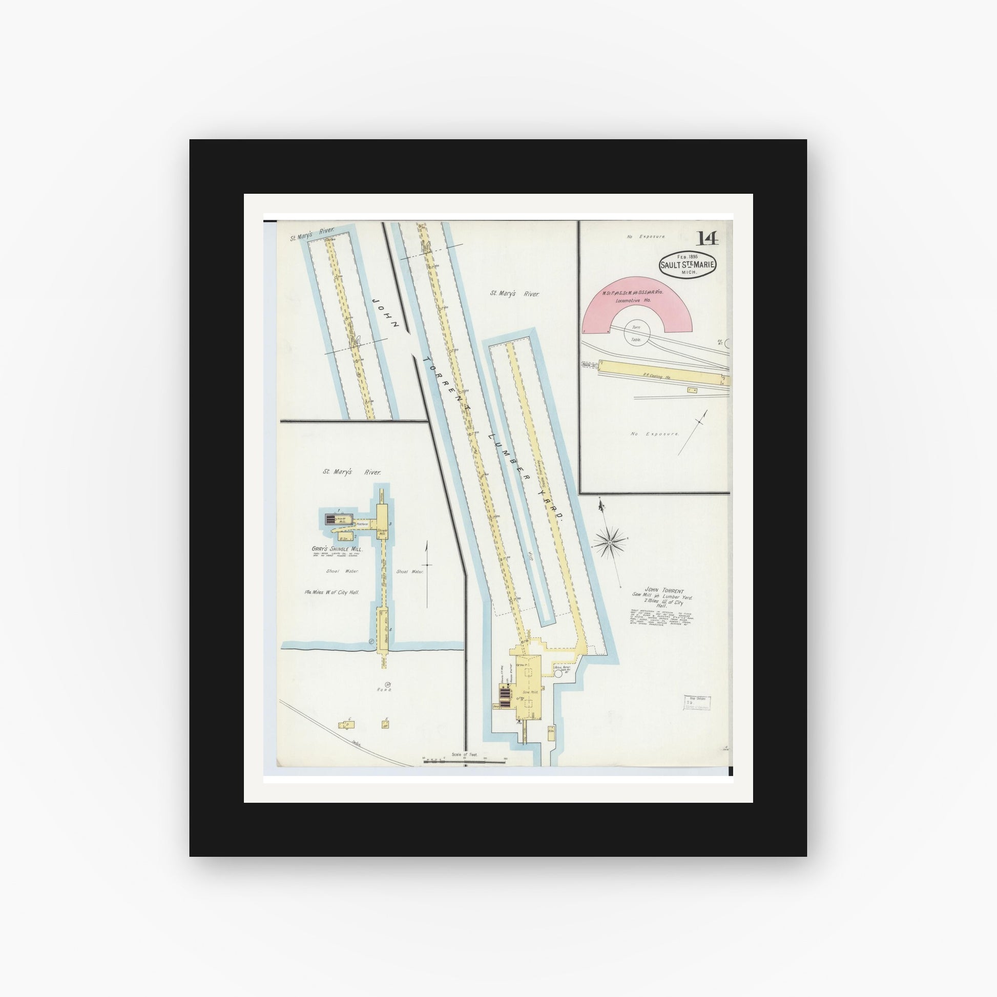 Old map wall art mockup — black gallery frame with white mat — Sanborn Fire Insurance Map from Sault Sainte Marie, Chippewa County, Michigan (1895), Sheet #0014