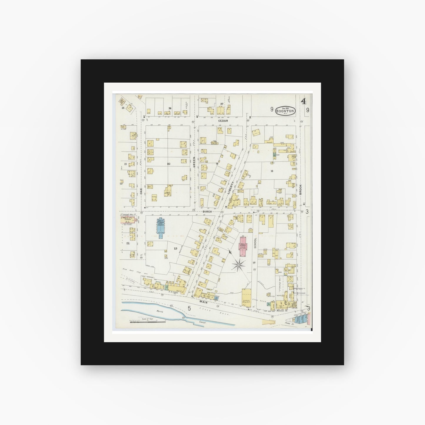 Old map wall art mockup — black gallery frame with white mat — Sanborn Fire Insurance Map from Boonton, Morris County, New Jersey (1896), Sheet #0004