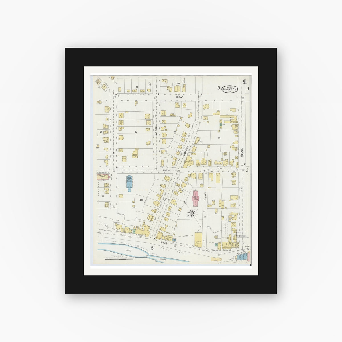 Old map wall art mockup — black gallery frame with white mat — Sanborn Fire Insurance Map from Boonton, Morris County, New Jersey (1896), Sheet #0004
