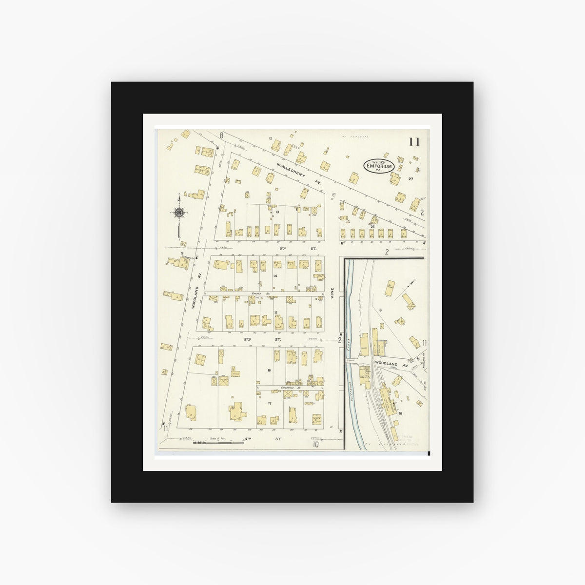 Old map wall art mockup — black gallery frame with white mat — Sanborn Fire Insurance Map from Emporium, Cameron County, Pennsylvania (1909), Sheet #0011