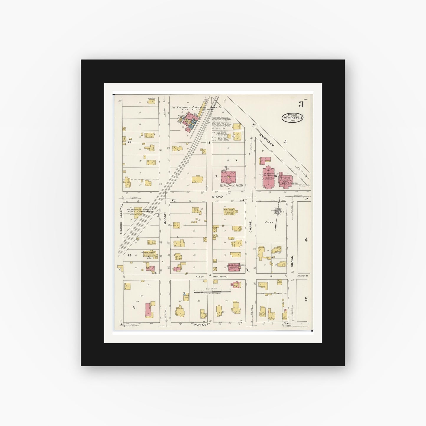 Old map wall art mockup — black gallery frame with white mat — Sanborn Fire Insurance Map from Monroeville, Huron County, Ohio (1922), Sheet #0003