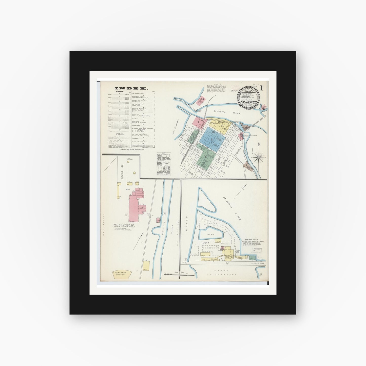 Old map wall art mockup — black gallery frame with white mat — Sanborn Fire Insurance Map from Saint Joseph, Berrien County, Michigan (1892) - Complete Map Set