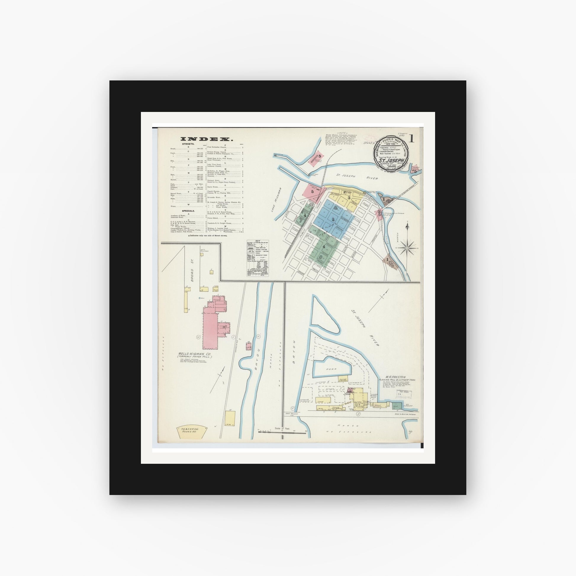 Old map wall art mockup — black gallery frame with white mat — Sanborn Fire Insurance Map from Saint Joseph, Berrien County, Michigan (1892) - Complete Map Set
