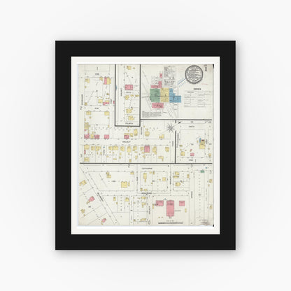 Old map wall art mockup — black gallery frame with white mat — Sanborn Fire Insurance Map from Batesville, Ripley County, Indiana (1899), Sheet #0001