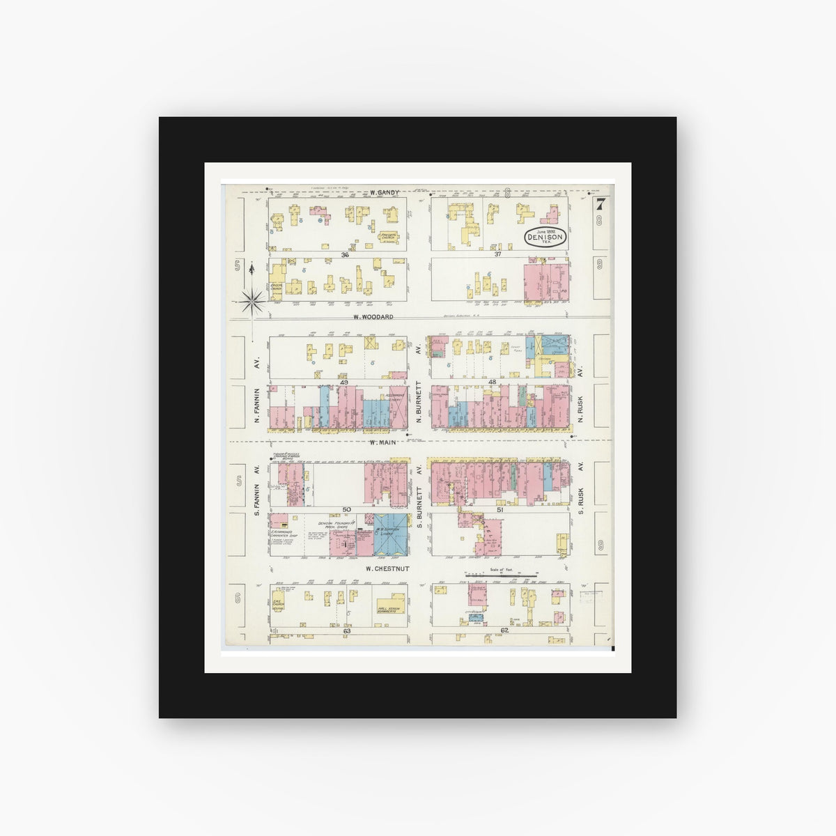 Old map wall art mockup — black gallery frame with white mat — Sanborn Fire Insurance Map from Denison, Grayson County, Texas (1892), Sheet #0007