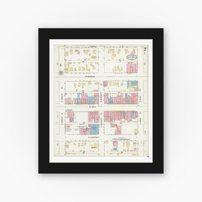 Old map wall art mockup — black gallery frame with white mat — Sanborn Fire Insurance Map from Denison, Grayson County, Texas (1892), Sheet #0007
