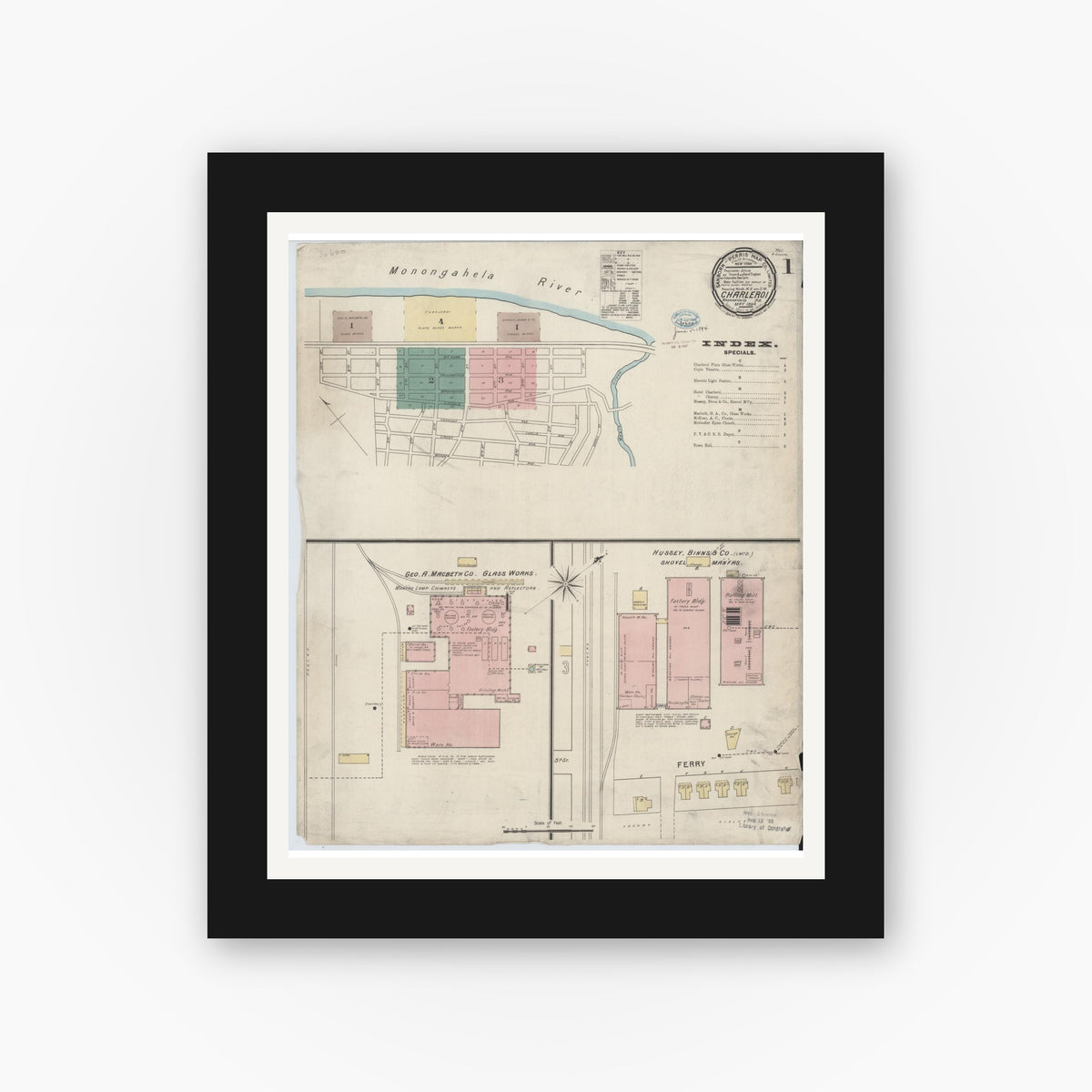Old map wall art mockup — black gallery frame with white mat — Sanborn Fire Insurance Map from Charleroi, Washington County, Pennsylvania (1894) - Complete Map Set