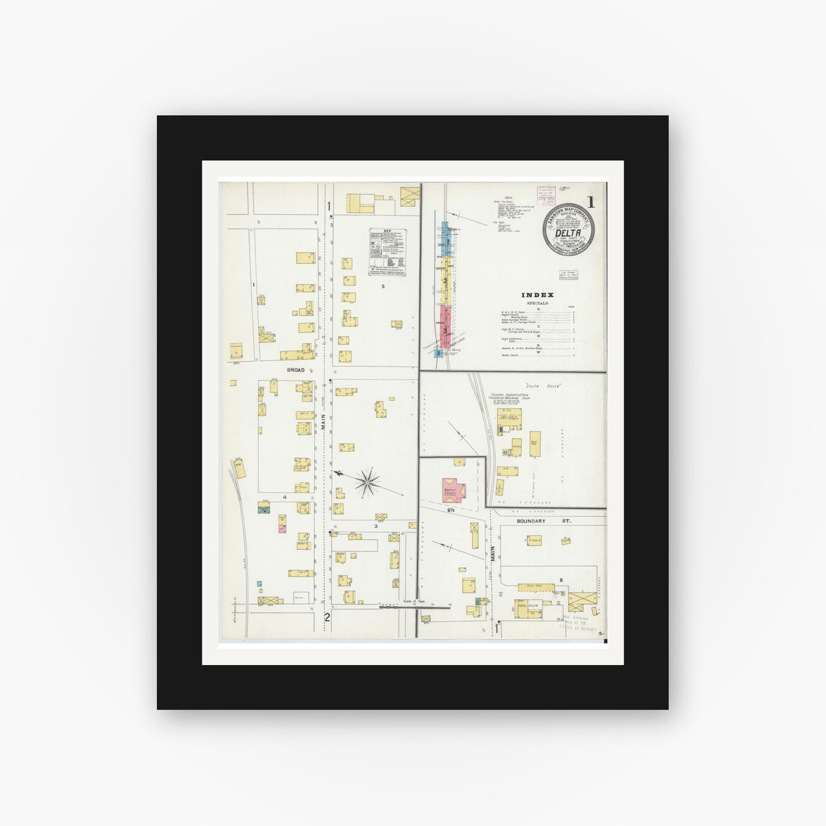 Old map wall art mockup — black gallery frame with white mat — Sanborn Fire Insurance Map from Delta, York County, Pennsylvania (1904), Sheet #0001