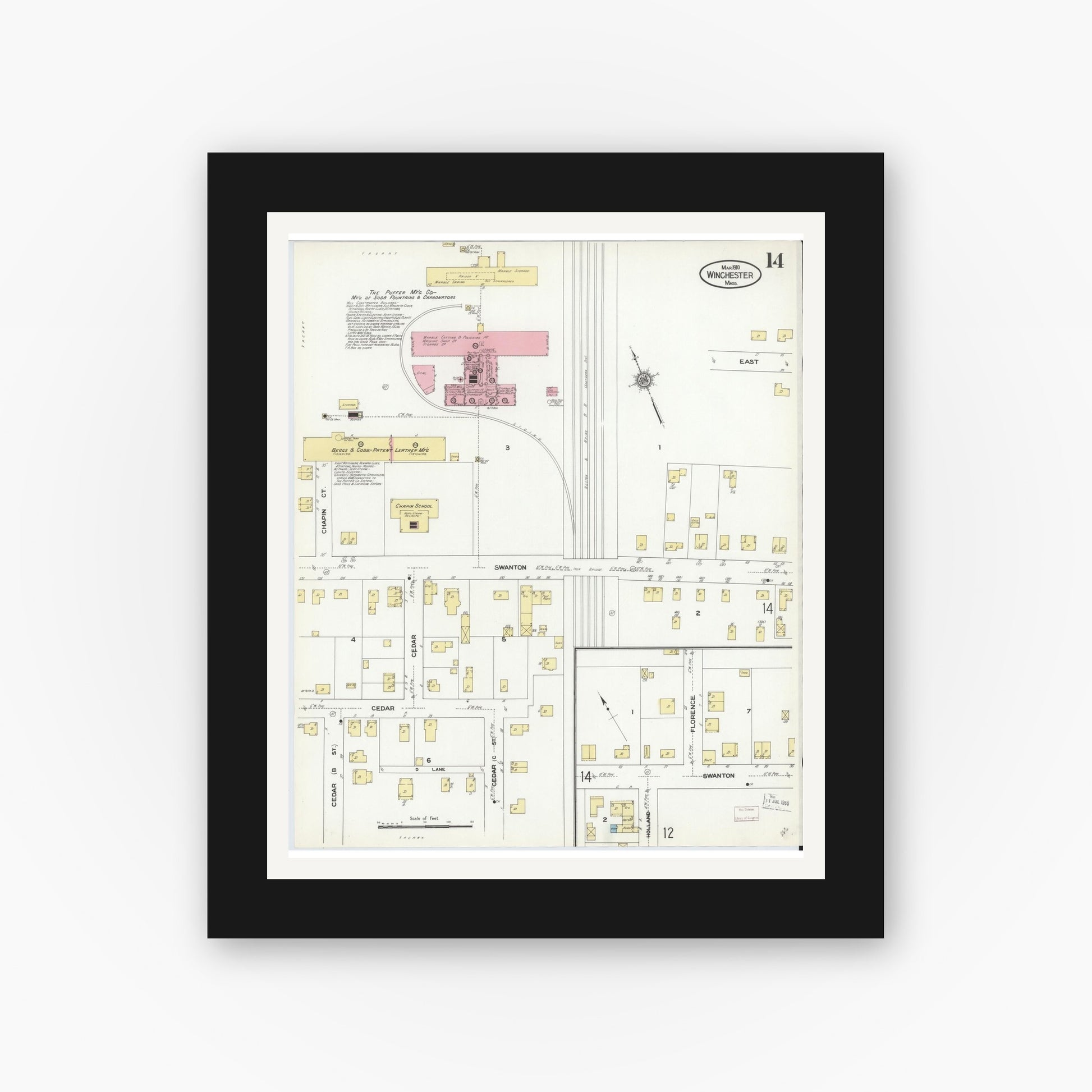 Old map wall art mockup — black gallery frame with white mat — Sanborn Fire Insurance Map from Winchester, Middlesex County, Massachusetts (1910), Sheet #0014
