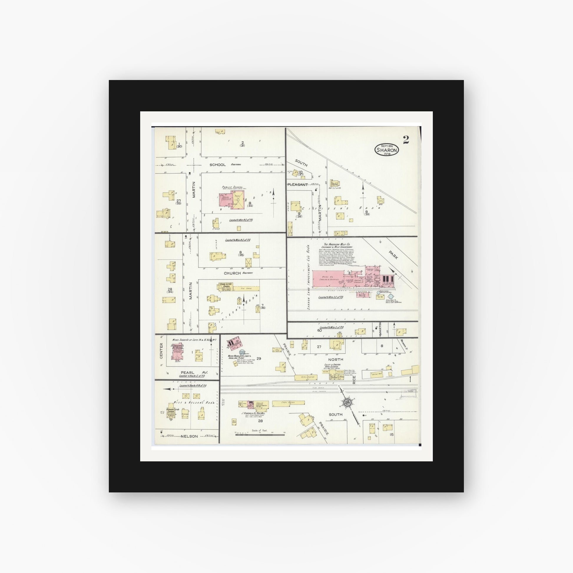 Old map wall art mockup — black gallery frame with white mat — Sanborn Fire Insurance Map from Sharon, Walworth County, Wisconsin (1914), Sheet #0002