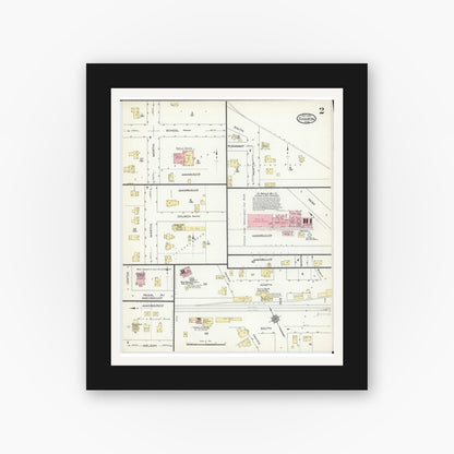 Old map wall art mockup — black gallery frame with white mat — Sanborn Fire Insurance Map from Sharon, Walworth County, Wisconsin (1914), Sheet #0002