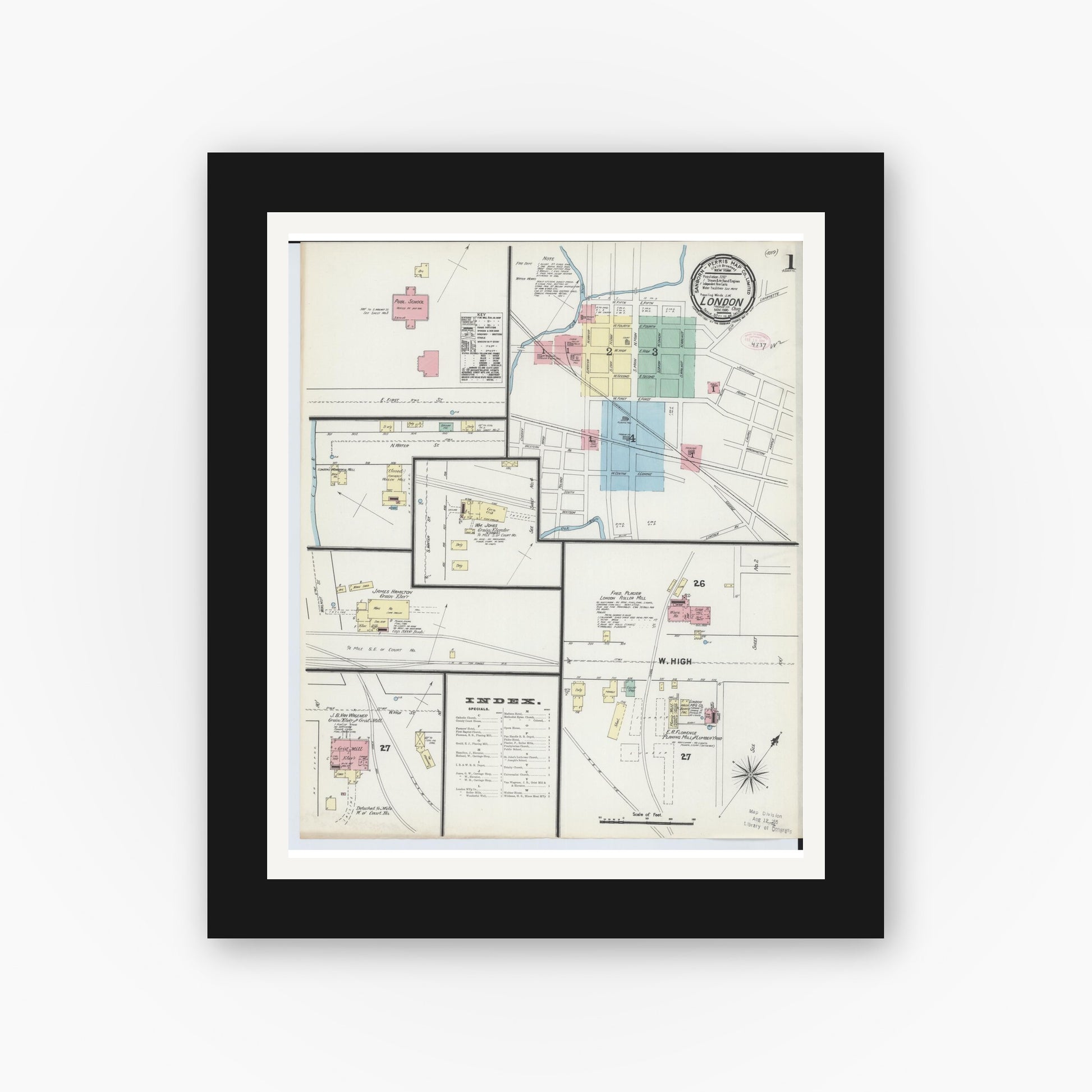 Old map wall art mockup — black gallery frame with white mat — Sanborn Fire Insurance Map from London, Madison County, Ohio (1890) - Complete Map Set