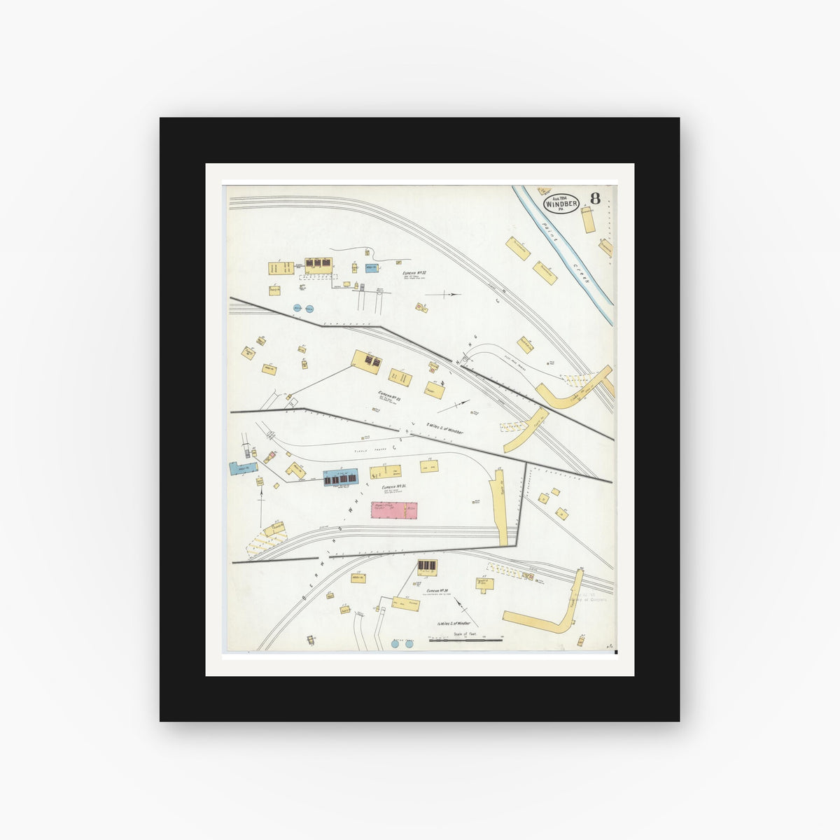 Old map wall art mockup — black gallery frame with white mat — Sanborn Fire Insurance Map from Windber, Somerset County, Pennsylvania (1904), Sheet #0008