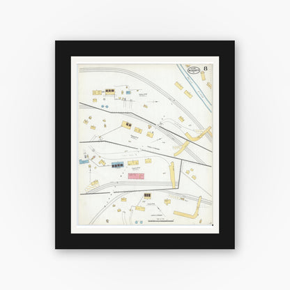 Old map wall art mockup — black gallery frame with white mat — Sanborn Fire Insurance Map from Windber, Somerset County, Pennsylvania (1904), Sheet #0008