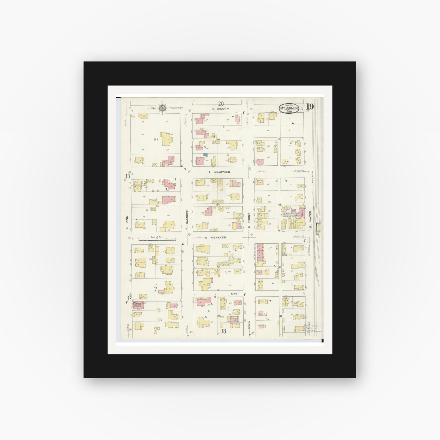 Old map wall art mockup — black gallery frame with white mat — Sanborn Fire Insurance Map from Mount Vernon, Knox County, Ohio (1913), Sheet #0019