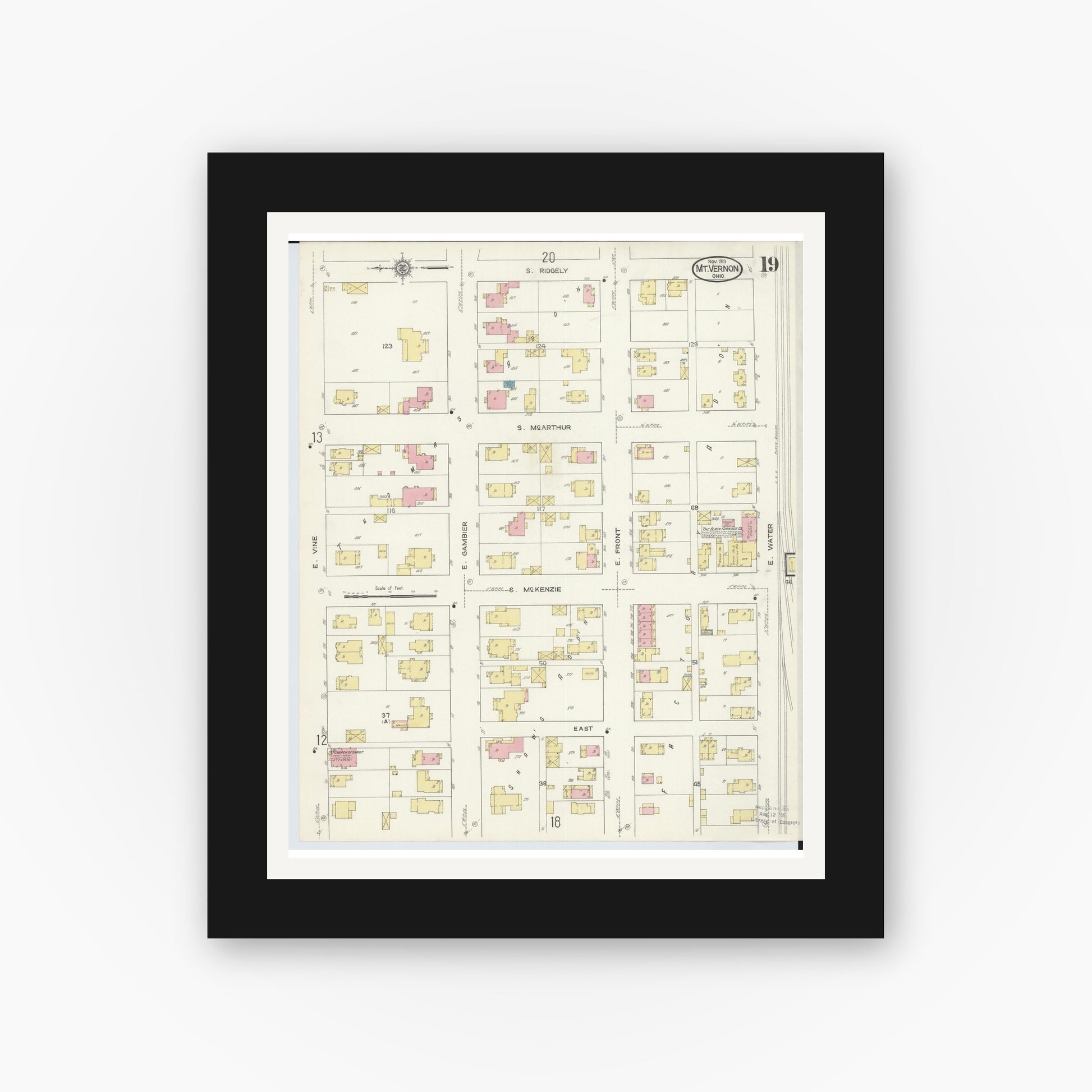 Old map wall art mockup — black gallery frame with white mat — Sanborn Fire Insurance Map from Mount Vernon, Knox County, Ohio (1913), Sheet #0019