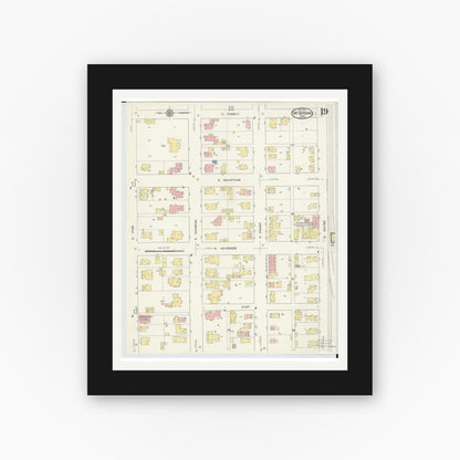 Old map wall art mockup — black gallery frame with white mat — Sanborn Fire Insurance Map from Mount Vernon, Knox County, Ohio (1913), Sheet #0019