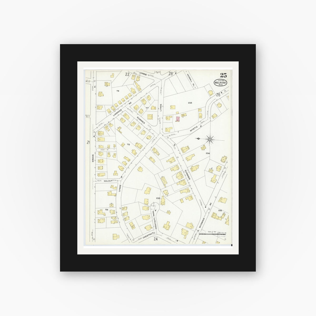 Old map wall art mockup — black gallery frame with white mat — Sanborn Fire Insurance Map from Melrose, Middlesex County, Massachusetts (1909), Sheet #0025