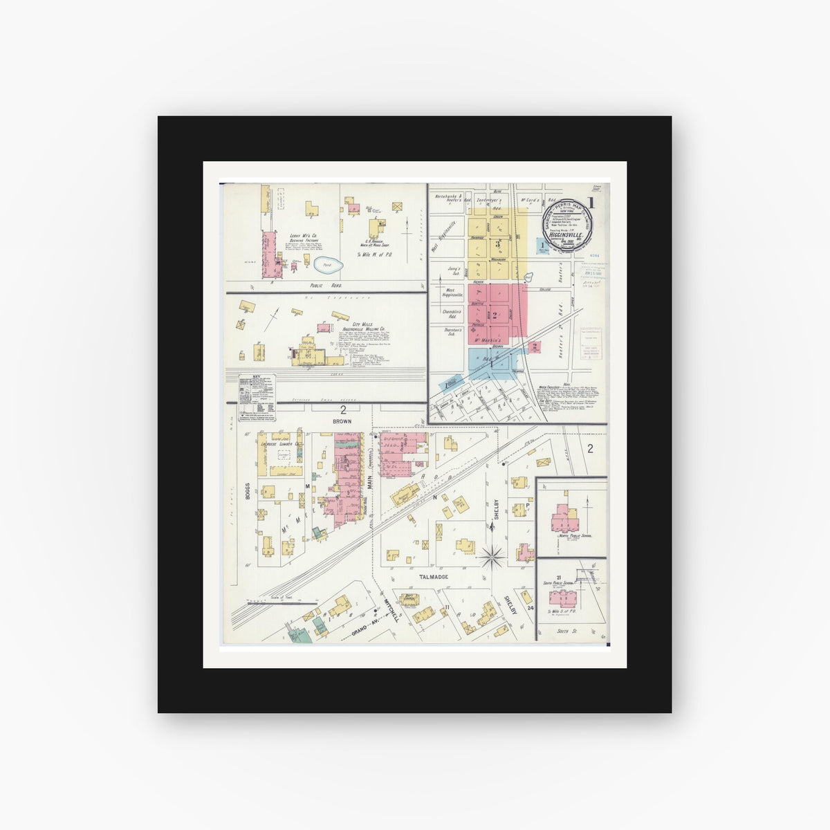 Old map wall art mockup — black gallery frame with white mat — Sanborn Fire Insurance Map from Higginsville, Lafayette County, Missouri (1900), Sheet #0001