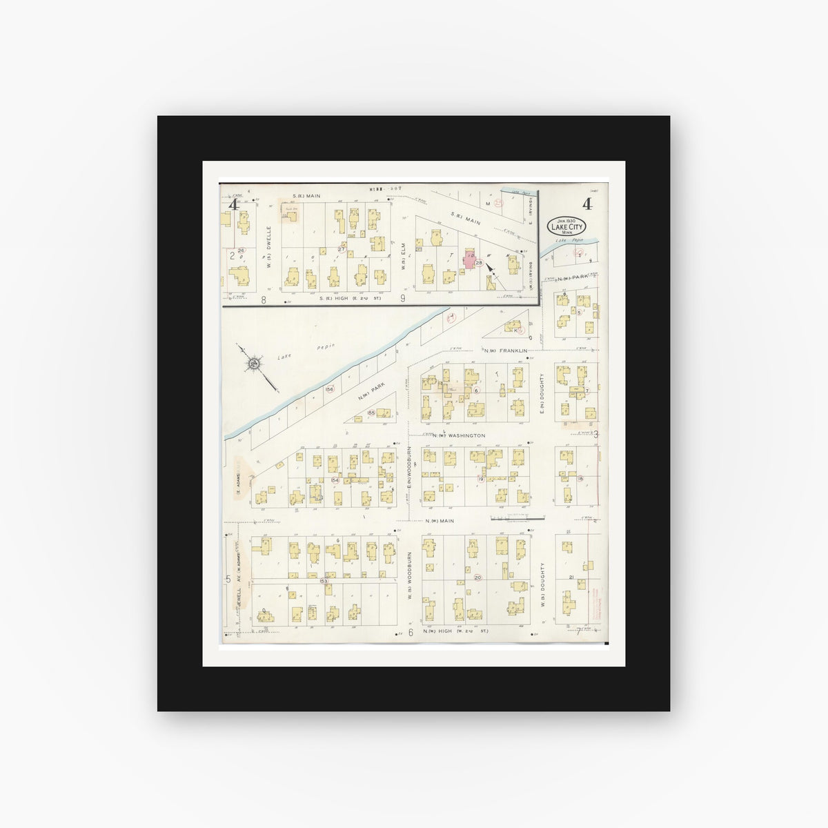 Old map wall art mockup — black gallery frame with white mat — Sanborn Fire Insurance Map from Lake City, Wabasha County, Minnesota (1938), Sheet #0004