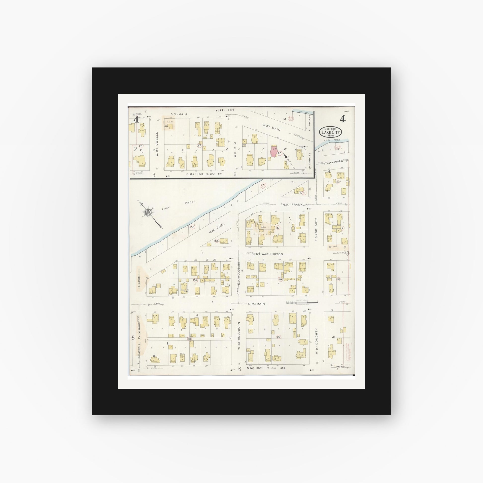 Old map wall art mockup — black gallery frame with white mat — Sanborn Fire Insurance Map from Lake City, Wabasha County, Minnesota (1938), Sheet #0004