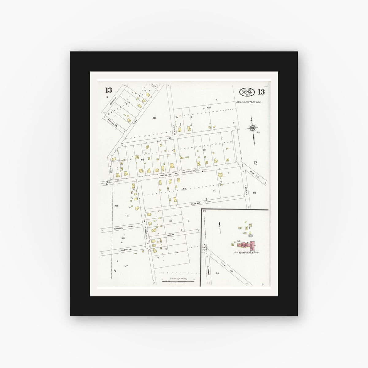 Old map wall art mockup — black gallery frame with white mat — Sanborn Fire Insurance Map from Bryan, Brazos County, Texas (1925), Sheet #0013
