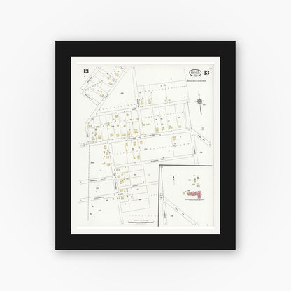 Old map wall art mockup — black gallery frame with white mat — Sanborn Fire Insurance Map from Bryan, Brazos County, Texas (1925), Sheet #0013