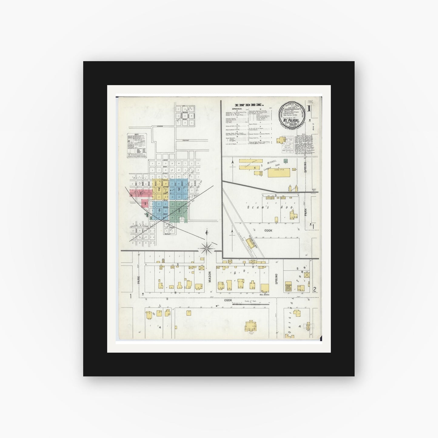 Old map wall art mockup — black gallery frame with white mat — Sanborn Fire Insurance Map from Mount Pulaski, Logan County, Illinois (1900) - Complete Map Set