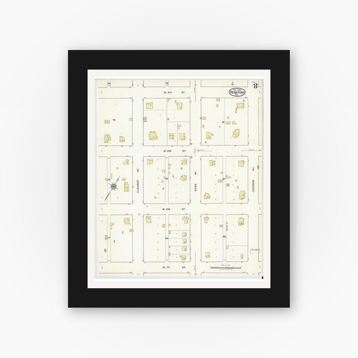 Old map wall art mockup — black gallery frame with white mat — Sanborn Fire Insurance Map from Hereford, Deaf Smith County, Texas (1920), Sheet #0008