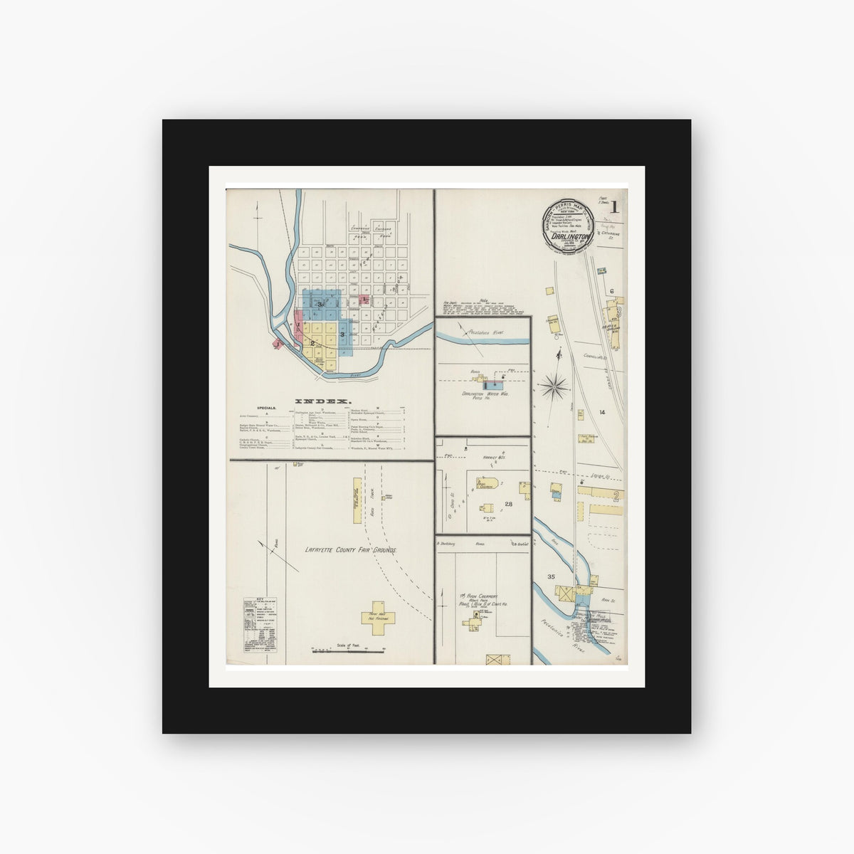 Old map wall art mockup — black gallery frame with white mat — Sanborn Fire Insurance Map from Darlington, Lafayette County, Wisconsin (1894) - Complete Map Set