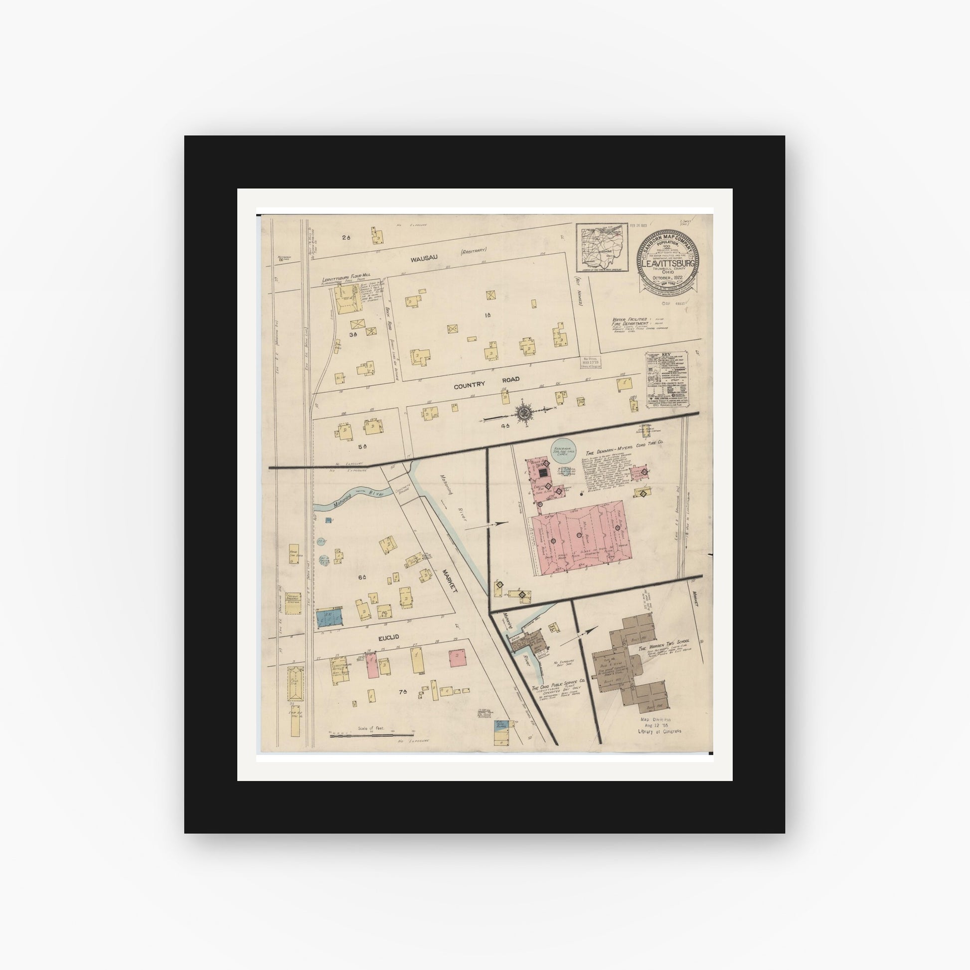 Old map wall art mockup — black gallery frame with white mat — Sanborn Fire Insurance Map from Leavittsburg, Trumbull County, Ohio (1922), Sheet #0001