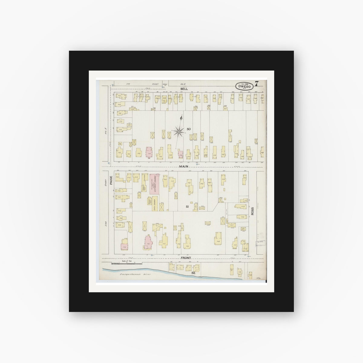 Old map wall art mockup — black gallery frame with white mat — Sanborn Fire Insurance Map from Owego, Tioga County, New York (1888), Sheet #0007