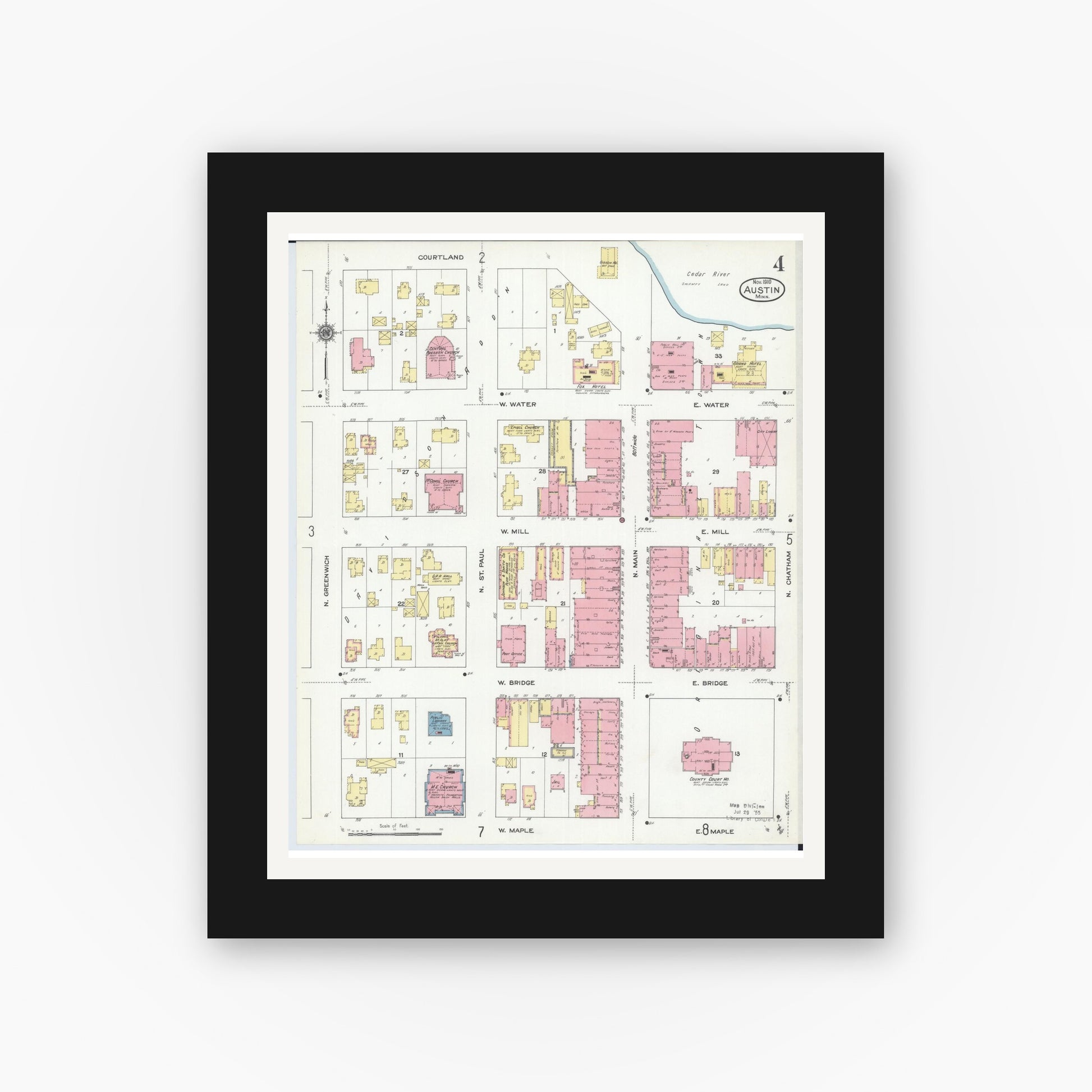 Old map wall art mockup — black gallery frame with white mat — Sanborn Fire Insurance Map from Austin, Mower County, Minnesota (1910), Sheet #0004