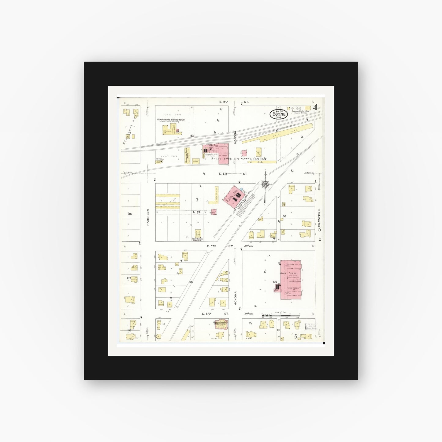 Old map wall art mockup — black gallery frame with white mat — Sanborn Fire Insurance Map from Boone, Boone County, Iowa (1916), Sheet #0004